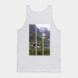 Wonderful landscapes in Norway. Vestland. Beautiful scenery of houses with grass roof. Norwegian traditional architecture Mountains, trees and snow in background. Cloudy day (vertical) Tank Top